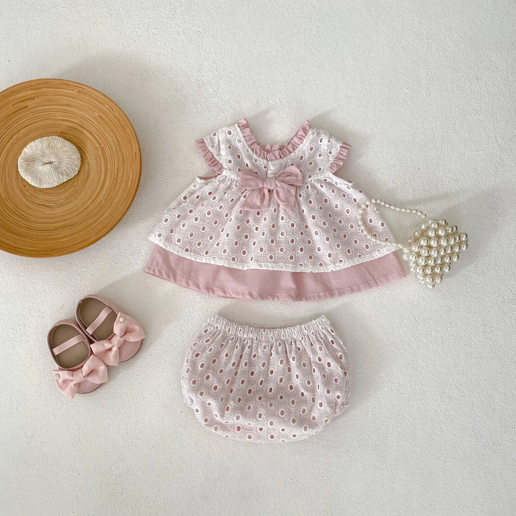 Summer New 0-3 Year Old Baby Clothing, Baby Girl Set, Hollowed Out Double-Layer Top+Shorts