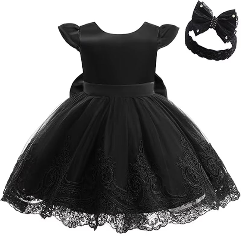 Black Dresses for Baby Girl 1St Birthday Party Dress Backless Bow Cute Baby Baptism Gown Kids Wedding Elegant Princess Dress
