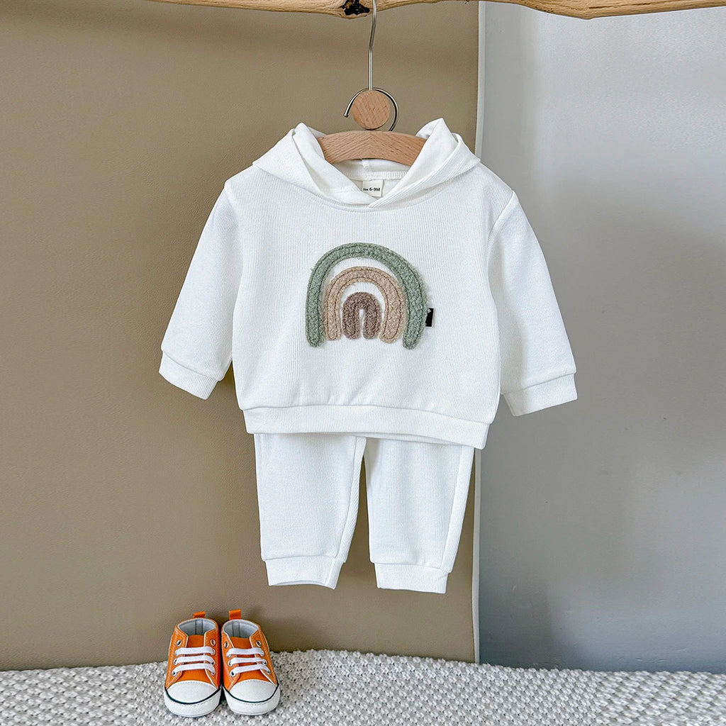 Spring and Autumn New Rainbow Patch Cloth Long Sleeve Hoodie Long Pants Baby Clothes Casual Baby Two Piece Set Children