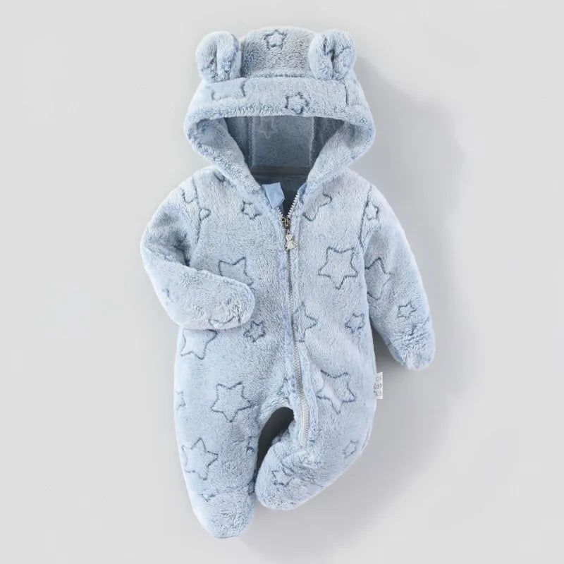 3-12M Baby Plush Warm Jumpsuits Boys Girls Long Sleeve Hooded Zipper Romper Newborn Infant Fall Winter Clothes