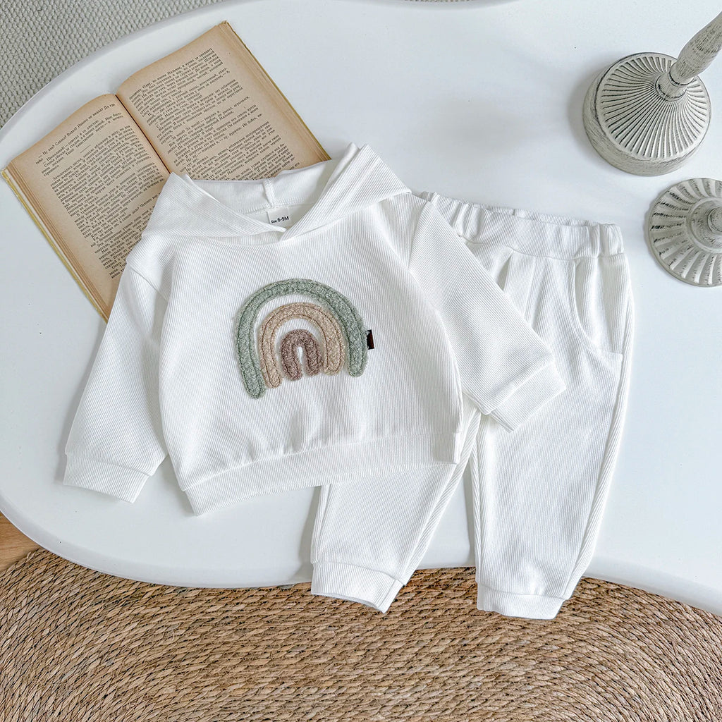 Spring and Autumn New Rainbow Patch Cloth Long Sleeve Hoodie Long Pants Baby Clothes Casual Baby Two Piece Set Children