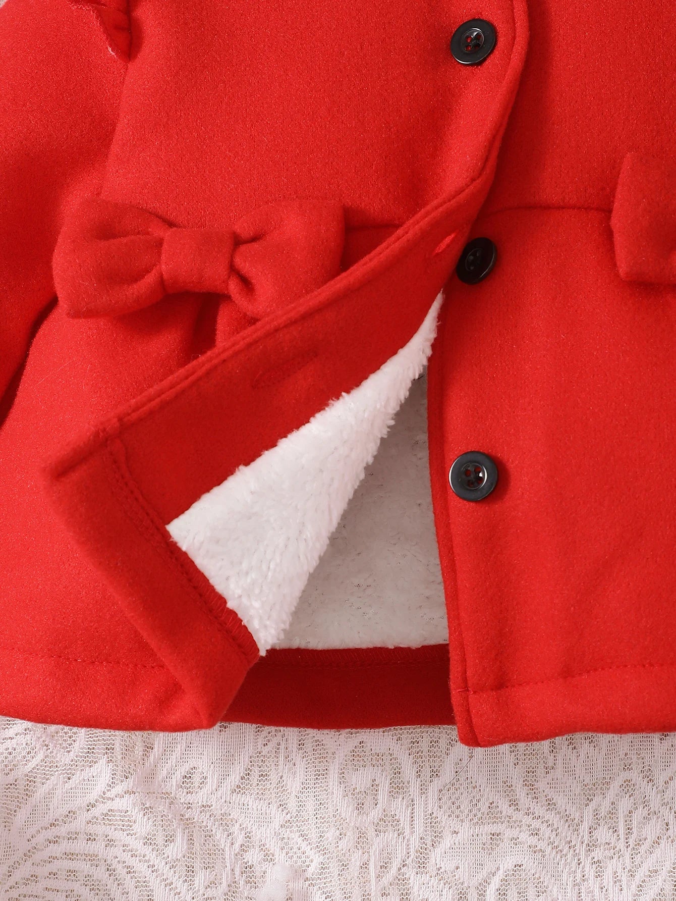 Baby Girls 6-24M Autumn and Winter Red Doll Collar Thick Long-Sleeved Woolen Coat Cute Bow Hat Everything with inside Plush Coat