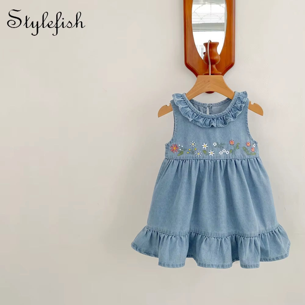 Summer New 0-3 Year Old Baby Clothing, Fashionable Denim Dress for Baby Girls, Embroidered Long Skirt