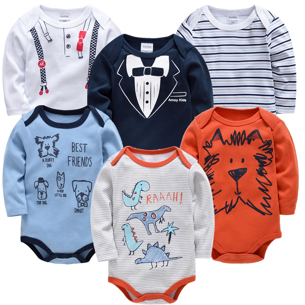 3 6 PCS/SET Baby Bodysuit 100% Cotton Body Bebe Girl Boy Clothes Cartoon Print Long Sleeve Autumn Winter Clothing
