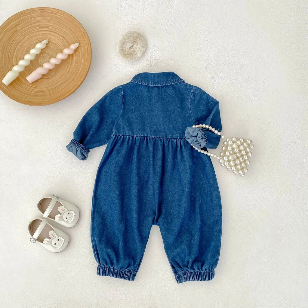 Autumn New 0-3 Year Old Baby Clothing, Doll Collar Long Crawling Korean Version Long Sleeved Denim Jumpsuit, Rabbit Doll