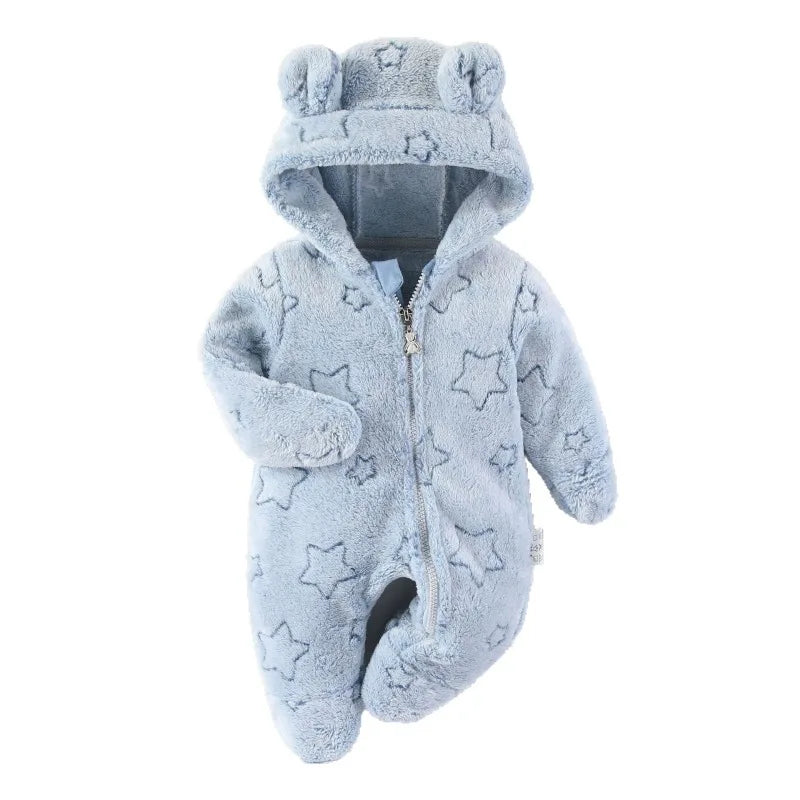 3-12M Baby Plush Warm Jumpsuits Boys Girls Long Sleeve Hooded Zipper Romper Newborn Infant Fall Winter Clothes