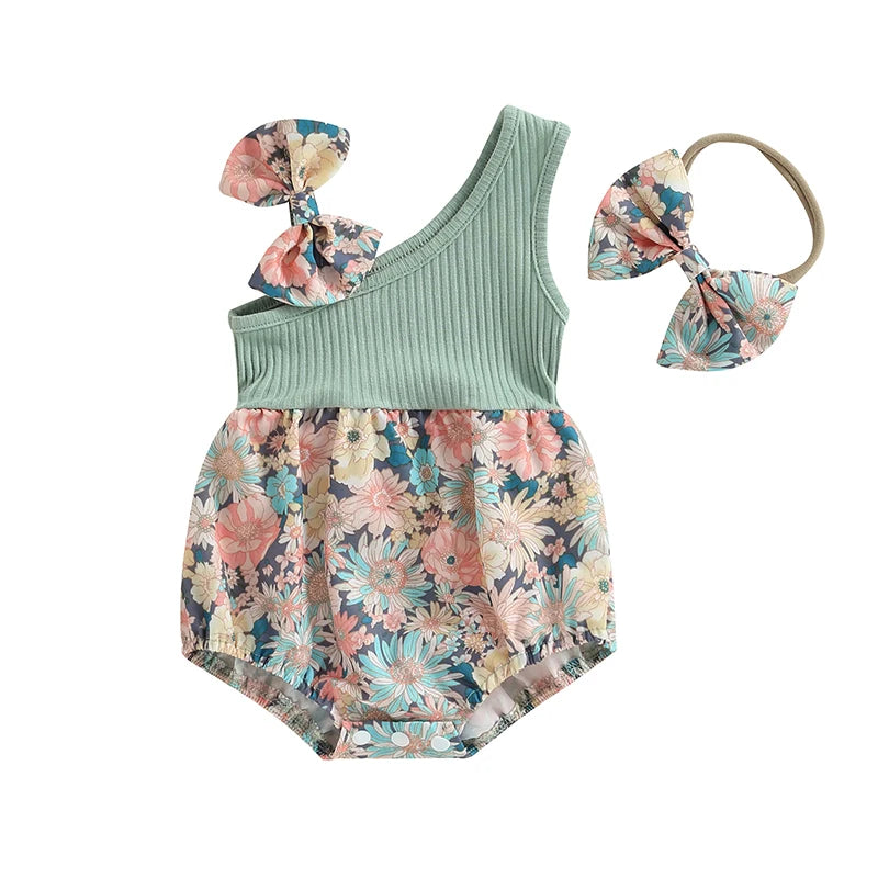 Infant Newborn Baby Girl Two Piece Outfits Summer Floral One Shoulder Romper and Stretch Headband Cute Clothes