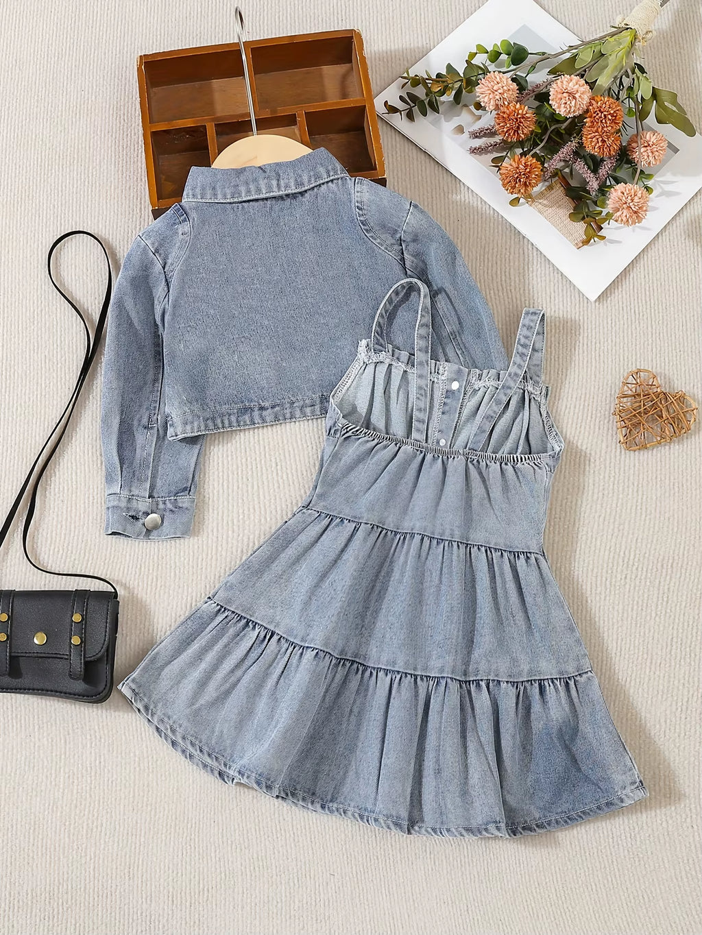 Autumn Baby Girl Long-Sleeved Denim Jacket + Strappy Cake Denim Skirt 2-Piece Outdoor Casual Denim Set