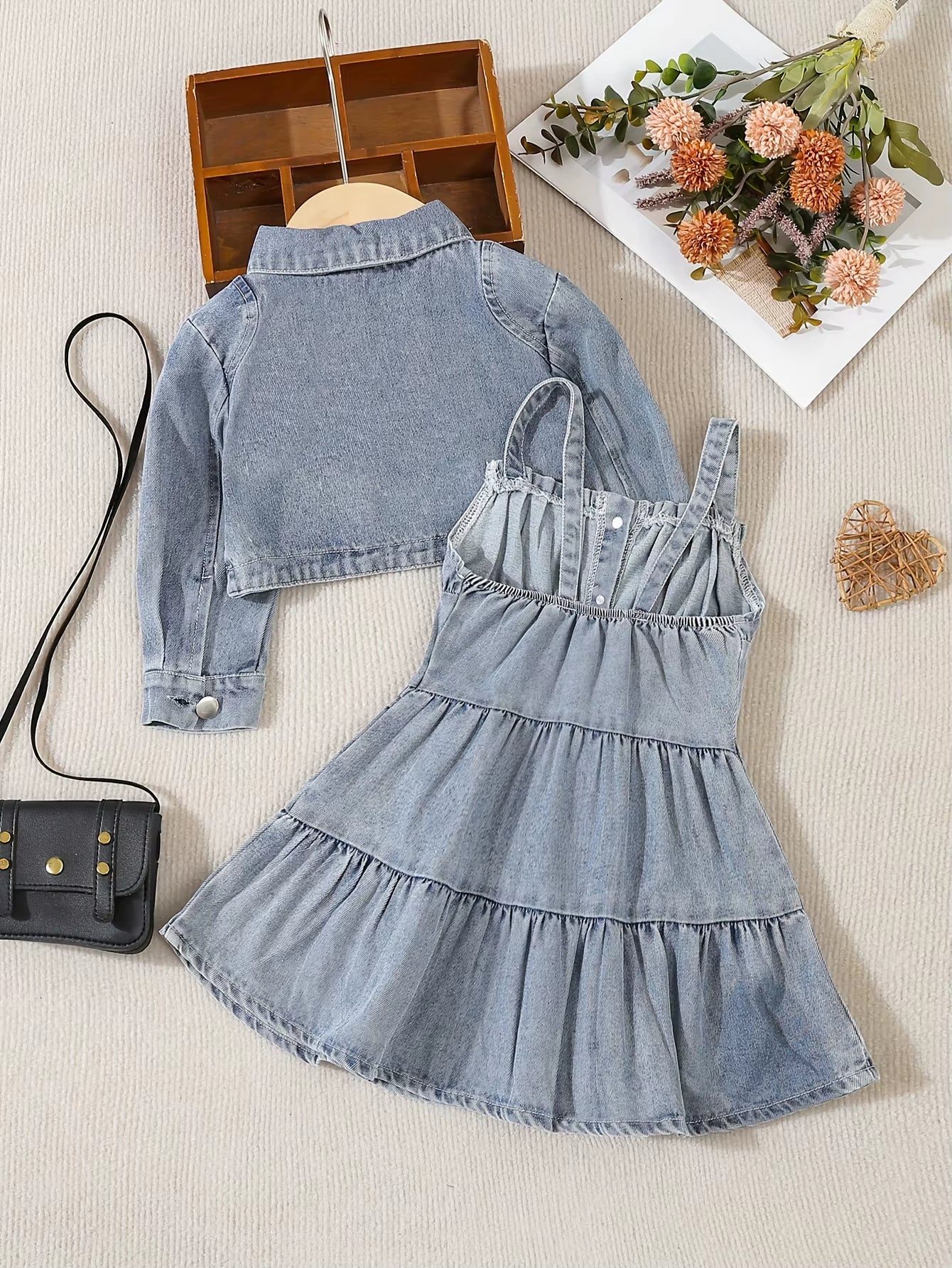 Autumn Baby Girl Long-Sleeved Denim Jacket + Strappy Cake Denim Skirt 2-Piece Outdoor Casual Denim Set
