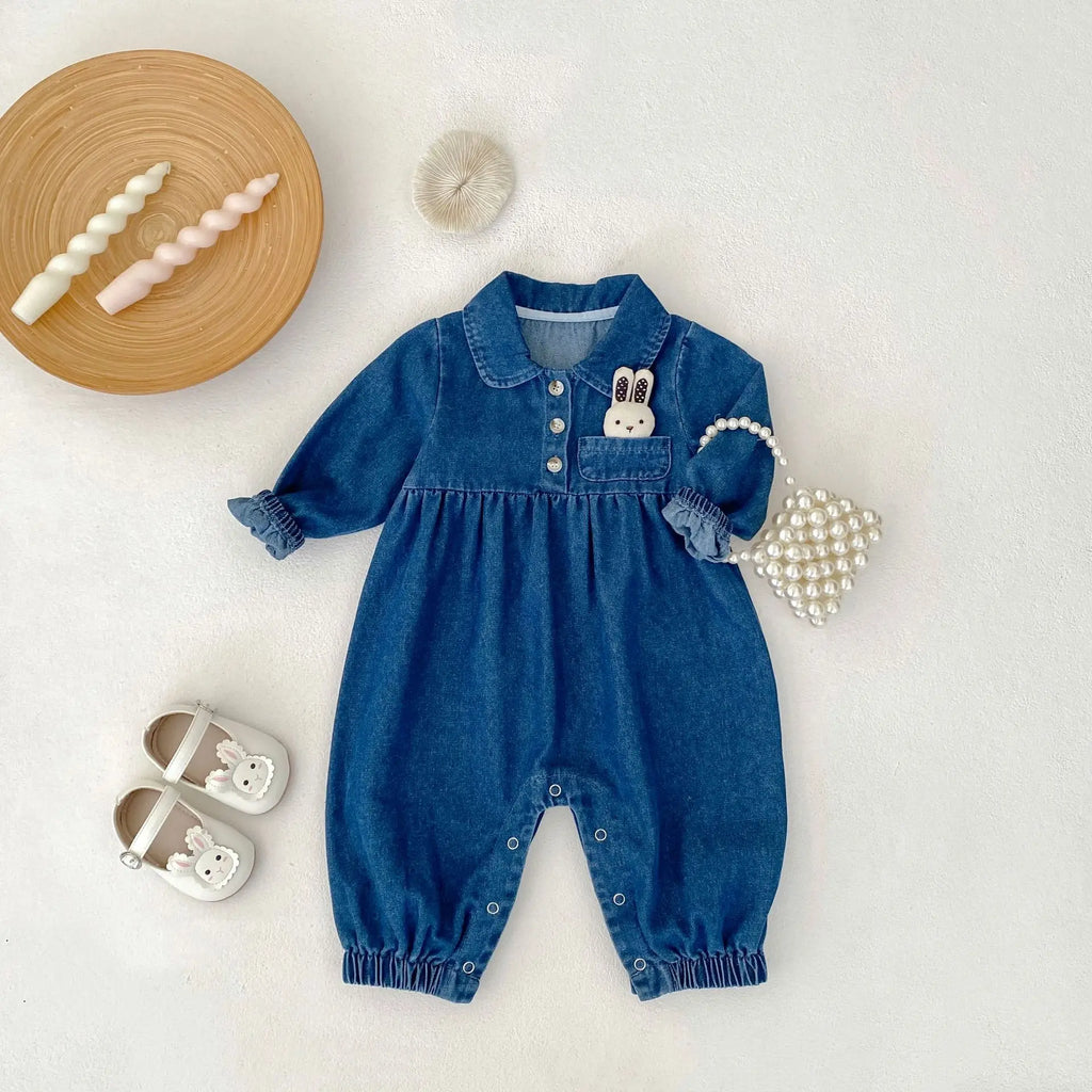 Autumn New 0-3 Year Old Baby Clothing, Doll Collar Long Crawling Korean Version Long Sleeved Denim Jumpsuit, Rabbit Doll