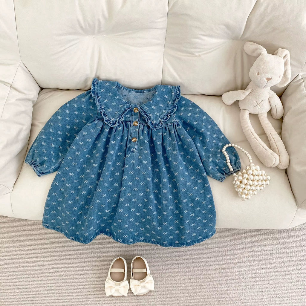 Autumn New 0-3 Year Old Baby Clothing, Fashionable Baby Girl Bow Jacquard Denim Long Sleeved Dress